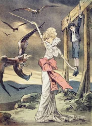 Karikatyr av Sarah Bernhardt porträtterad som den gammaltestamentliga hjältinnan Rizpa som skyddar sin son från den katolska kyrkans klerikala gamar, illustration från tidningen "Puck", december 1880 (kol.